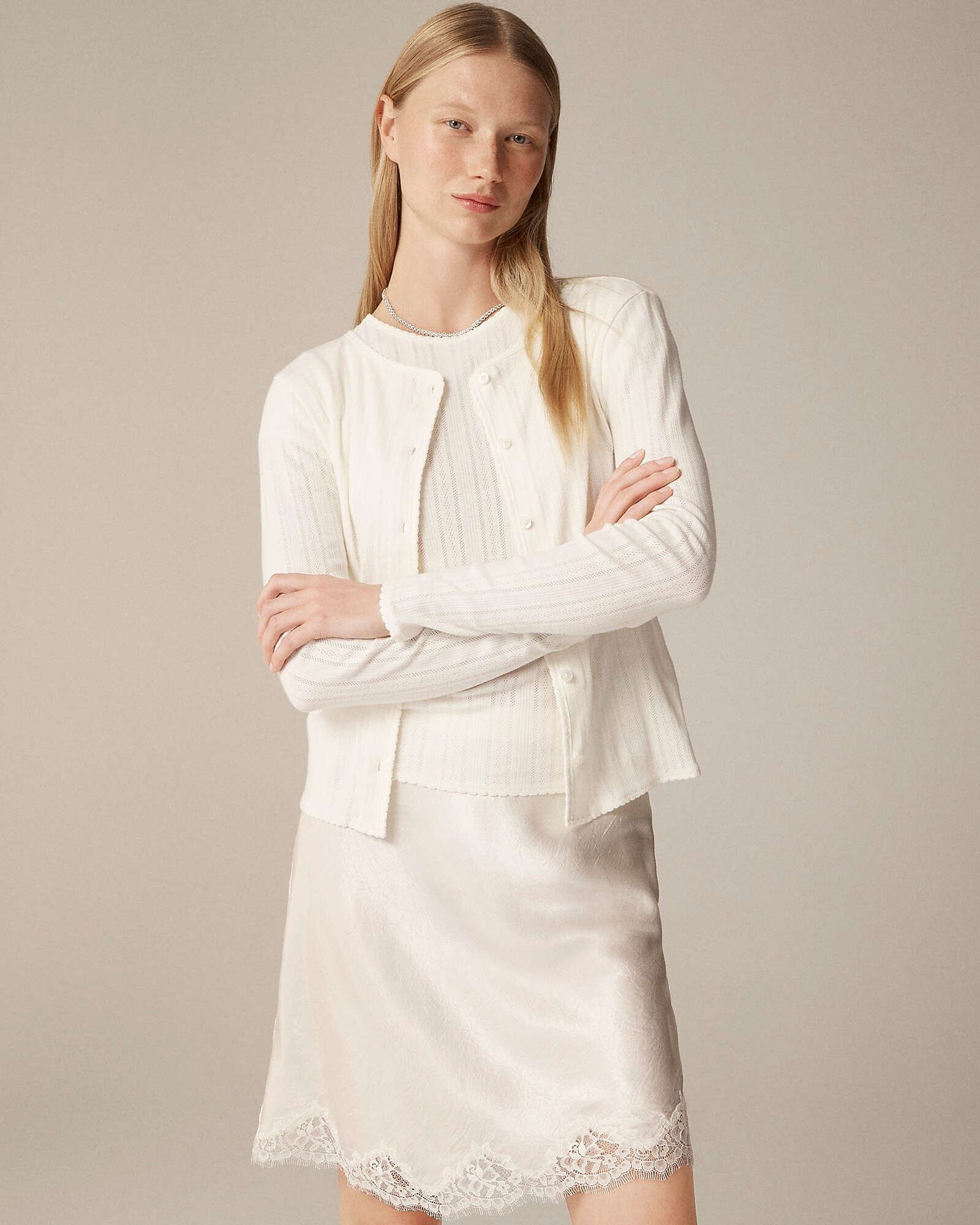 Pointelle crewneck knit cardigan | J. Crew US