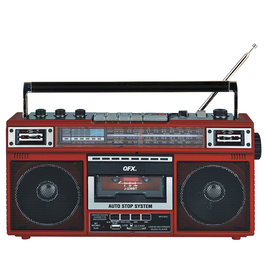 QFX - RECHARGEABLE CASSETTE AM/FM/SW1-2 RADIO BLUETOOTH BOOMBOX WITH USB RECORDING - Red | Best Buy U.S.