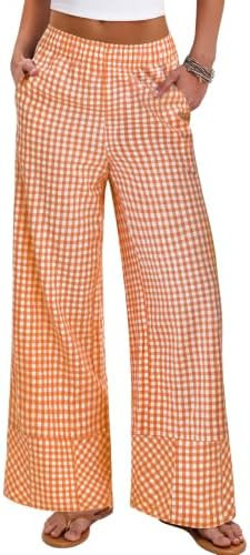 ANRABESS Womens Gingham Striped Wide Leg Palazzo Lounge Pants with Pockets | Amazon (US)