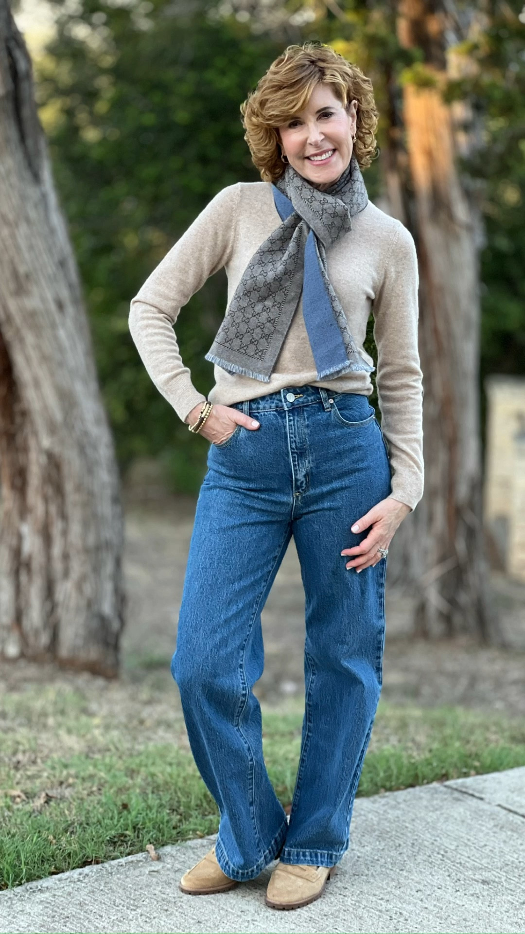 Cashmere sweater, great fitting jeans, pre-loved Gucci scarf, suede loafer, Tory Burch earrings.

A little luxury goes a long way!

#LTKOver40 #LTKStyleTip #LTKVideo