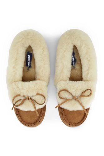 Women's Suede Leather Fuzzy Shearling Fur Moccasin Slippers | Lands' End (US)