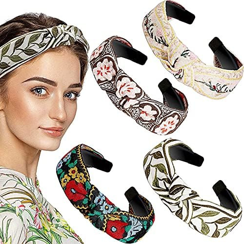 4 Pieces Boho Headband Floral Wide Headband Handmade Knot Embroidery Bohemia Turban Headband Vintage | Amazon (US)