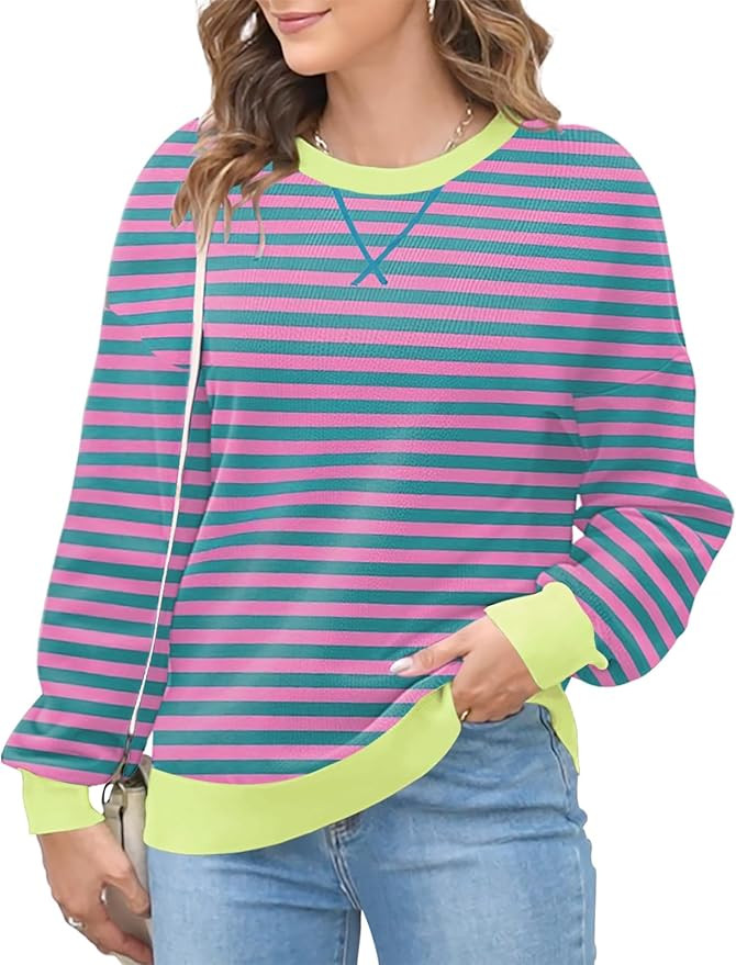 Womens Oversized Striped Sweaters Color Block Long Sleeve Crew Neck Sweater Casual Loose Pullover... | Amazon (US)