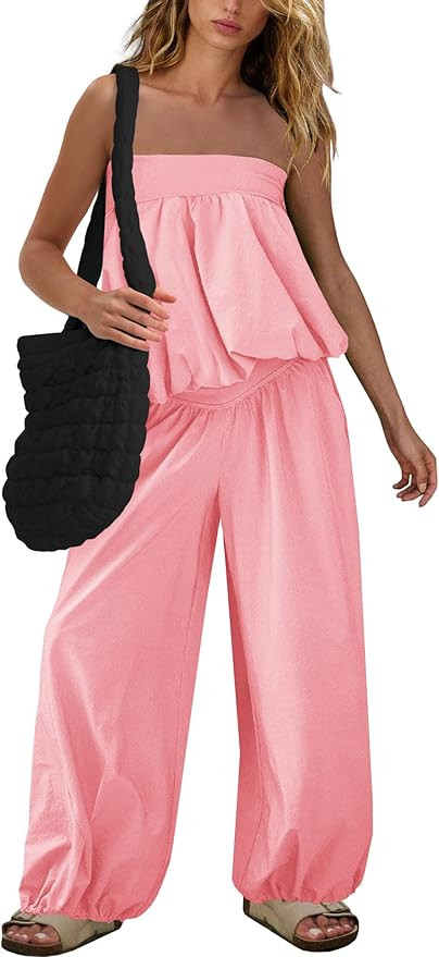 Amazon.com: SENSERISE Pants Sets Women 2 Piece Outfits Bubble Off Shoulder Strapless Tube Top Wid... | Amazon (US)