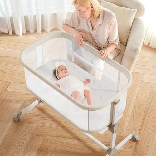 Fodoss Baby Bassinets Bedside Sleeper - All Mesh Bedside Bassinet with Wheels, 7 Height Adjustable Baby Bassinet for Infants, Beige | Amazon (US)