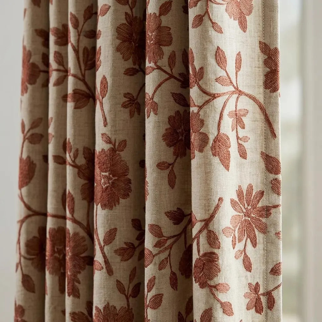 Rust Floral Linen Curtains, Natural Beige Heavy Embroidered Drapes, Custom Blackout Cafe Kitchen Living Room Panels | Etsy (Global)