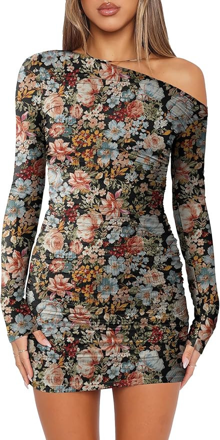 Prinbara Womens Mesh Long Sleeve Off Shoulder Mini Dress 2025 Fall Sexy Date Night Going Out Ruch... | Amazon (US)