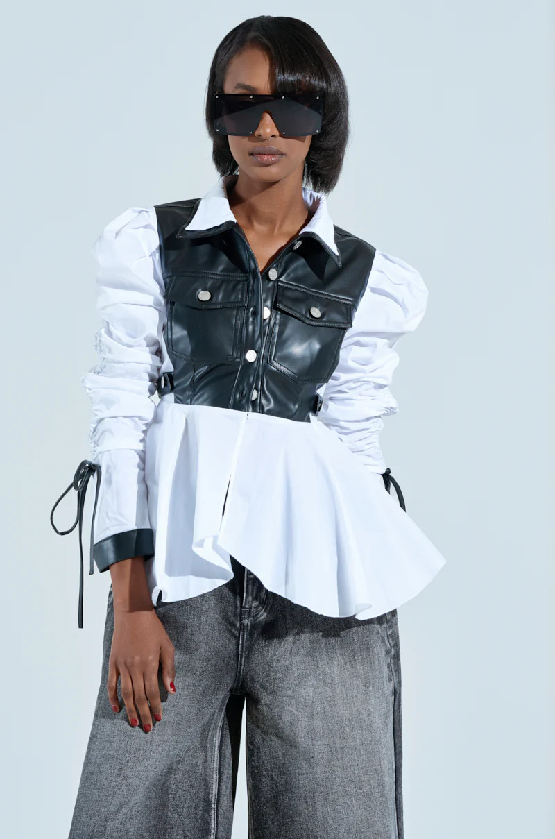 ALWAYS FABULOUS FAUX LEATHER DETAIL BUTTON DOWN BLOUSE | AKIRA
