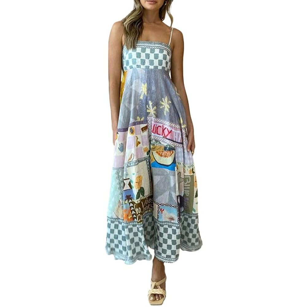 Women Boho Graffiti Cami Long Dress Graphic Spaghetti Strap Flowy Swing Maxi Dress Colorful A Lin... | Amazon (US)