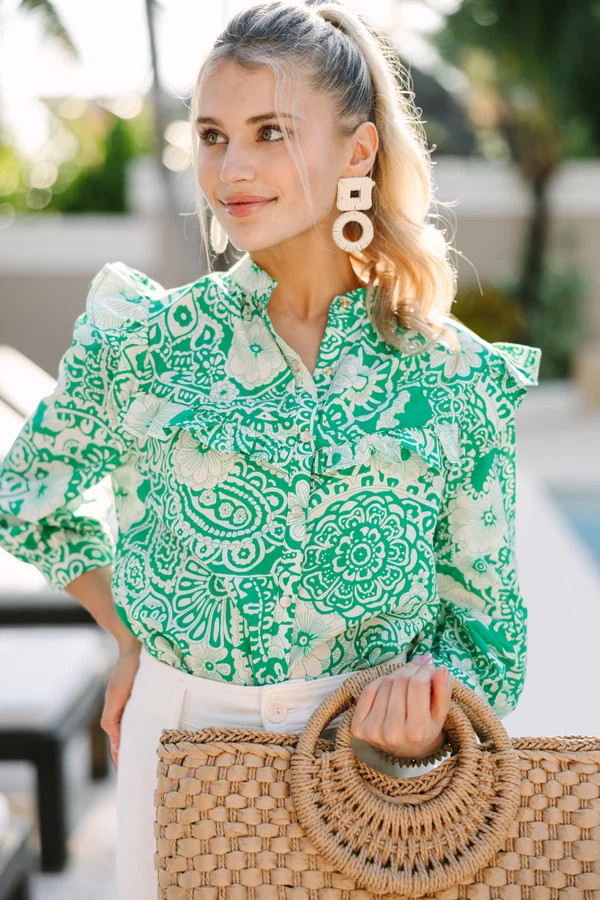 Keep It Up Green Floral Ruffled L/S Blouse | The Mint Julep Boutique