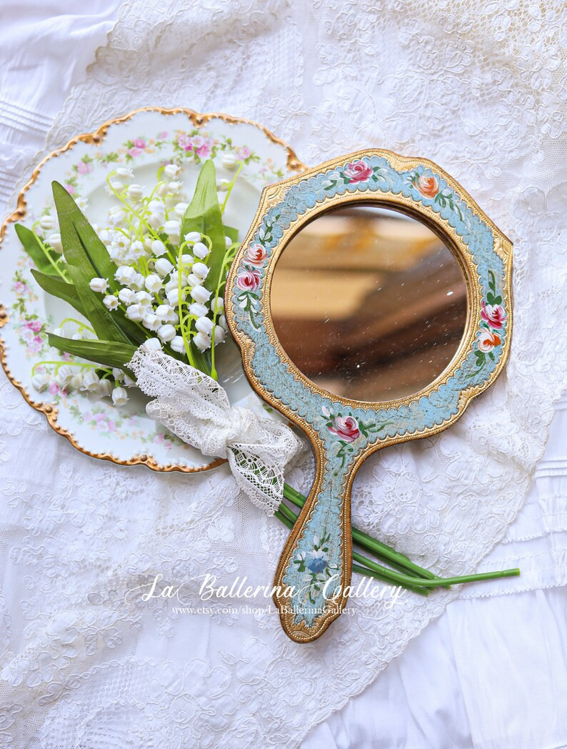 Italian Florentine Wooden Hand Mirror Handpainted Rose Wood Gold Baroque Rococo Vintage Victorian... | Etsy (US)
