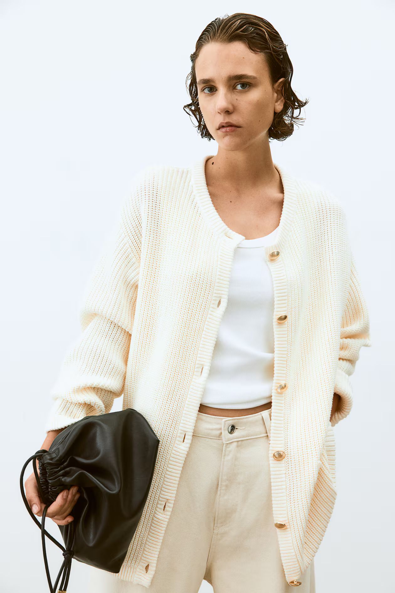 Rib-Knit Cardigan - Round Neck - Long sleeve - Cream - Ladies | H&M US | H&M (US + CA)