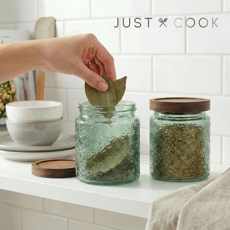 Just Cook Green Textured Glass Canister Storage Containers with Acacia Lids, 500 ml, 2 Pack | Walmart (US)
