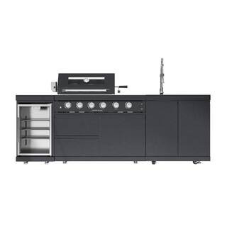 98 in. W 6-Burner Propane Gas Grill Island in Black, with Wine Cooler, Compact Refrigerator, Rotisserie kit | The Home Depot