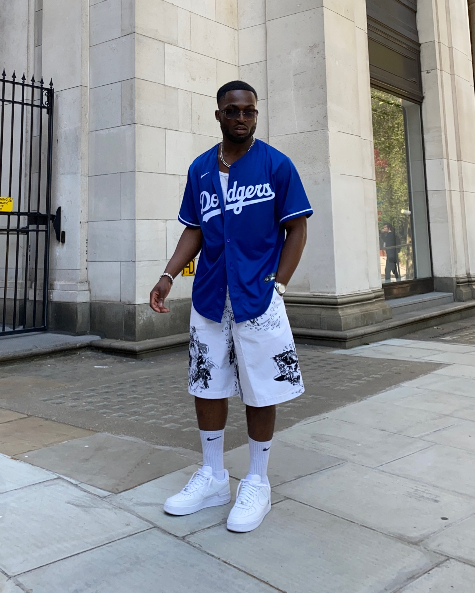 blue mlb jersey from jd with commes des garçons shorts and white air force ones 💙

#LTKmens #LTKstyletip