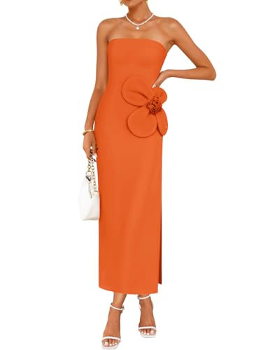 ZESICA Womens Summer Cocktail Strapless Maxi Dress 2026 Formal Bodycon Backless Floral Tube Wedding Guest Party Long Dresses,Solid Orange,X-Large | Amazon (US)