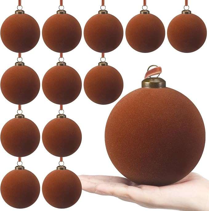 12 Pcs Velvet Christmas Ball Ornaments - 4 Inch Brown Flocked Christmas Tree Balls Decorative Han... | Amazon (US)