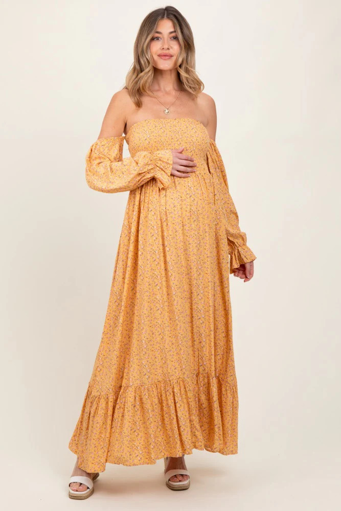 Yellow Floral Smocked Off Shoulder Maternity Maxi Dress | PinkBlush Maternity