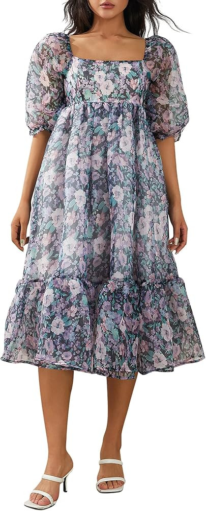 Womens Spring Summer Square Neck Ruffle Puff Sleeve Floral Print Midi Dress | Amazon (US)
