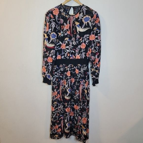 Zara Woman Black Floral Sheer Embroidered Maxi Dress Bohemian Festival Size L | Poshmark