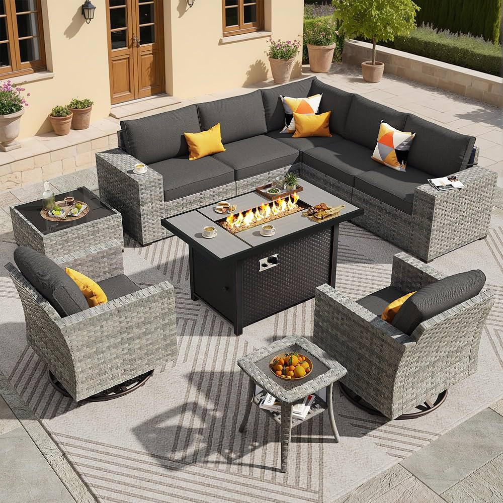 ovios 10 Pieces Patio Furniture Set, Outdoor Wicker Sectional Sofa with 42" Fire Pit Table Swivel... | Amazon (US)