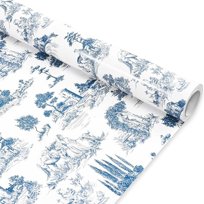 French Wrapping Paper Roll - 17 Inches X 33 Feet - Blue Retro Village Toile Wrapping Paper Rustic... | Amazon (US)