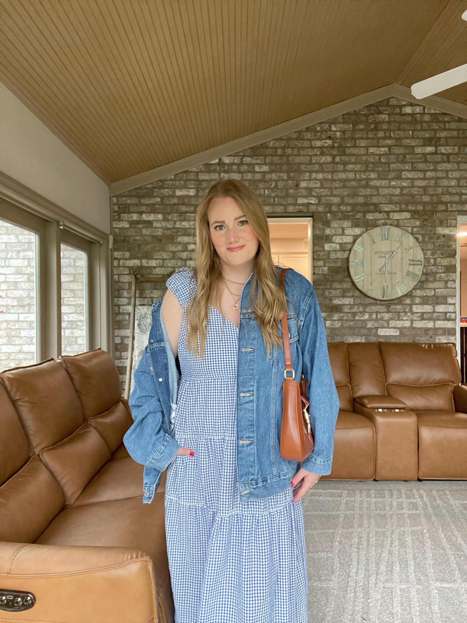 Summer dress, gingham dress, easy summer outfit styling, oversized denim jacket, brown purse, dad sneakers, white sneakers, gold hand chain, gold hand bracelet chain.

#LTKFindsUnder100 #LTKSeasonal #LTKFindsUnder50