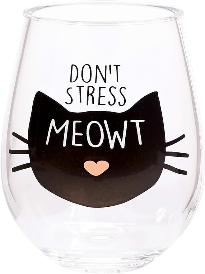 X&O Paper Goods Black Cat 'Don't Stress Meowt' Plastic Stemless Wine Glass, 12 oz., 3.5'' W x 4.5... | Amazon (US)