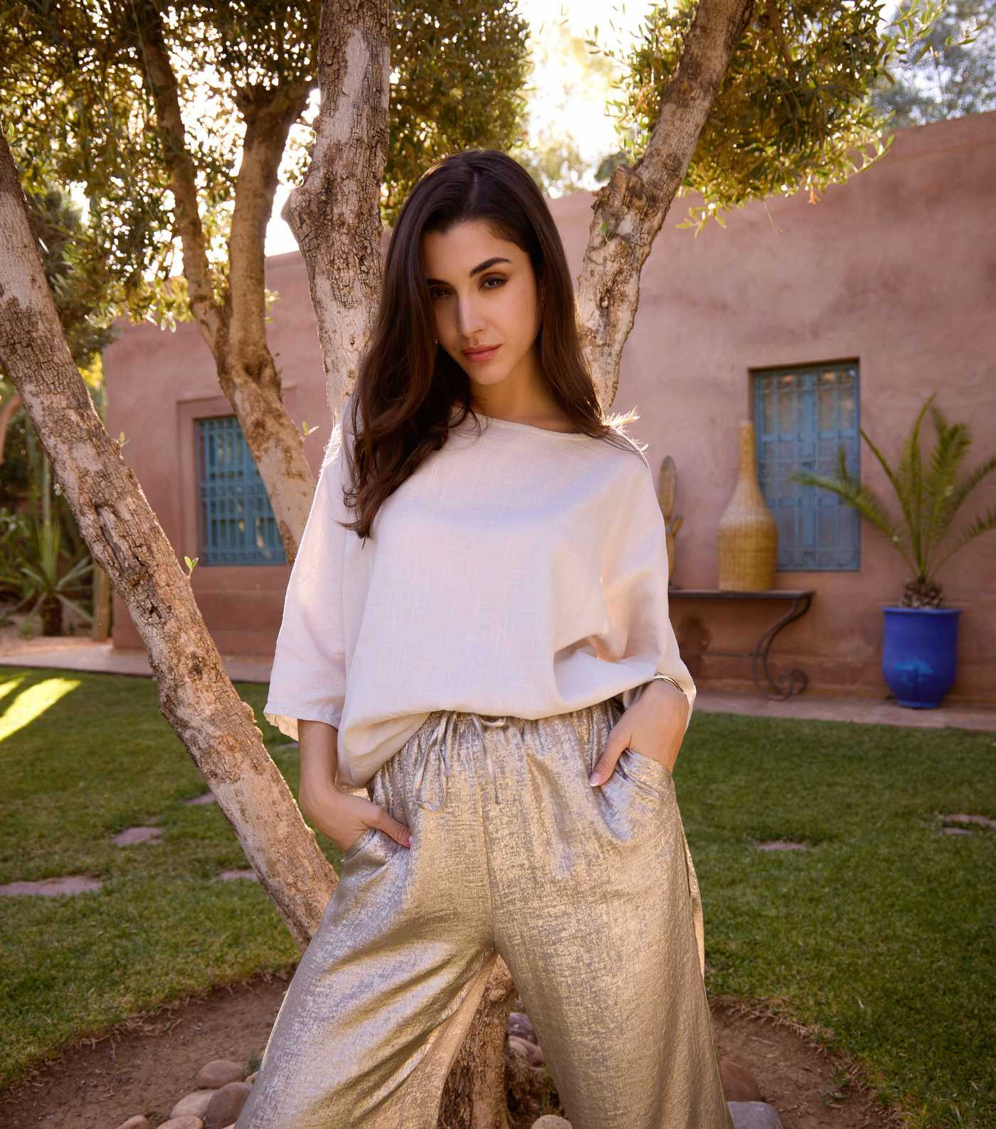 Blue Vanilla Cream Shimmer Wide Leg Trousers | New Look | New Look (UK)