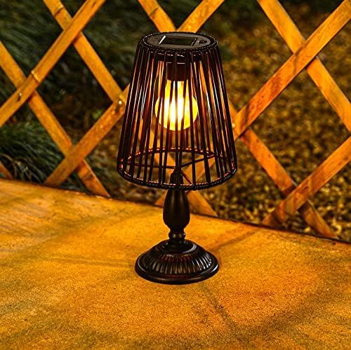 Amazon.com: Solar Table Lamp Outdoor, Black Rattan Lantern with Warm Edison Bulb Waterproof Solar... | Amazon (US)