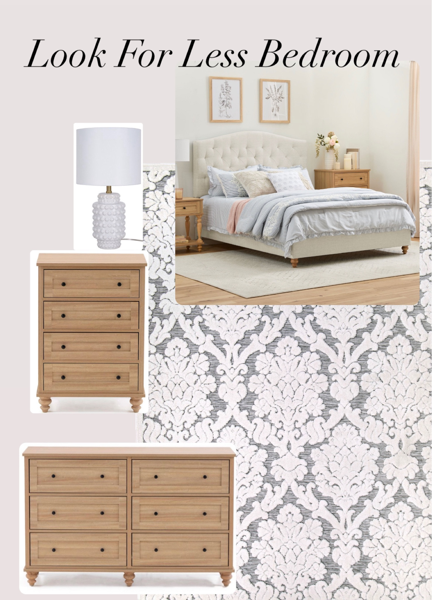 Designer look for less bedroom. Tufted Bed Headboard linen color. Wood style dresser and nightstands. Hobnail white lamp. Pretty rug and wall art.
.

Budget friendly. For any and all budgets. mid century, organic modern, traditional home decor, accessories and furniture. Natural and neutral wood nature inspired. Coastal home. California Casual home. Amazon Farmhouse style budget decor

#LTKsalealert #LTKSeasonal #LTKhome