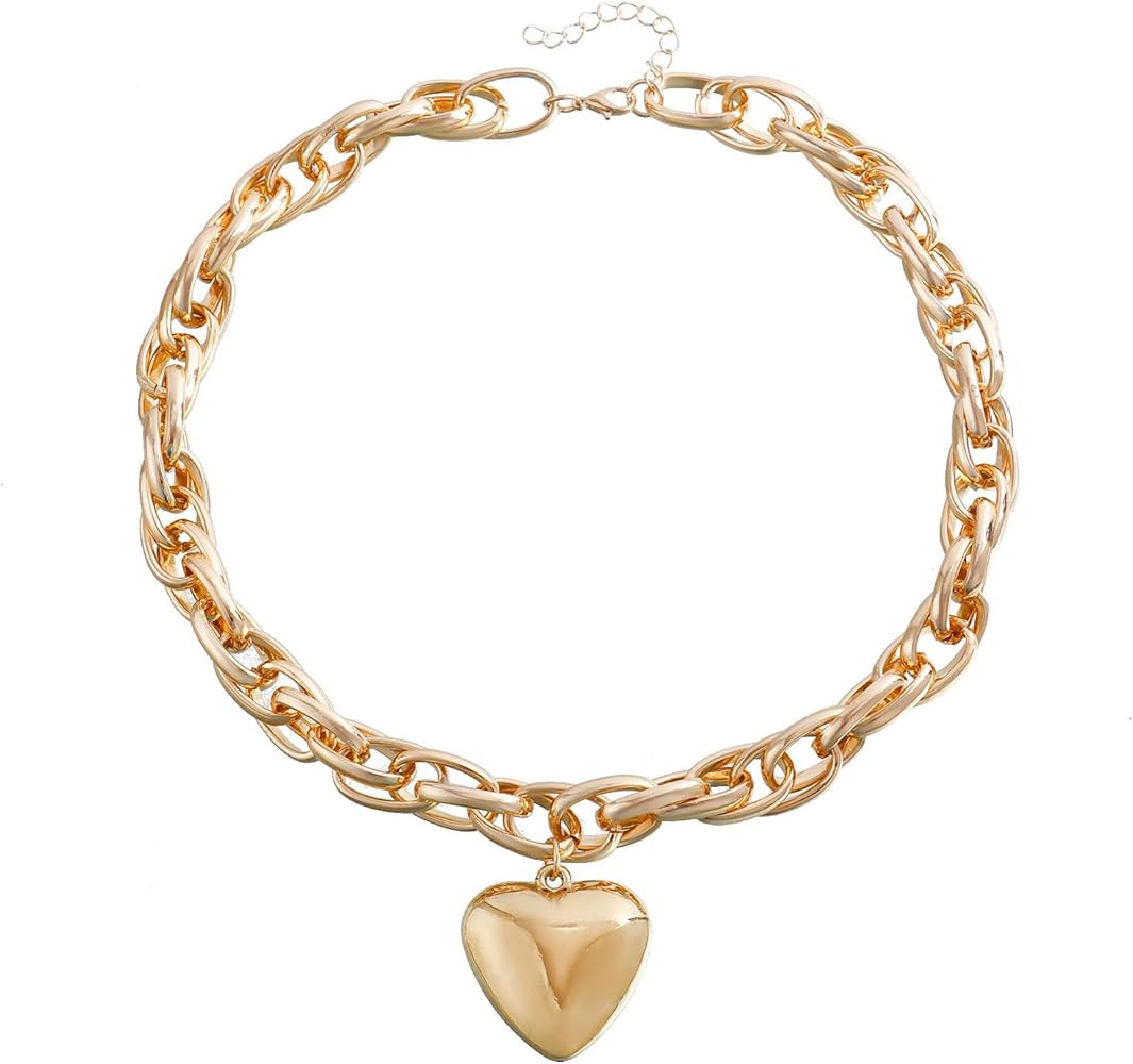 FUTIMELY Chunky Gold Heart Pendant Necklaces,14K Gold Punk Puffy Love Thick Chain Choker Necklace... | Amazon (US)
