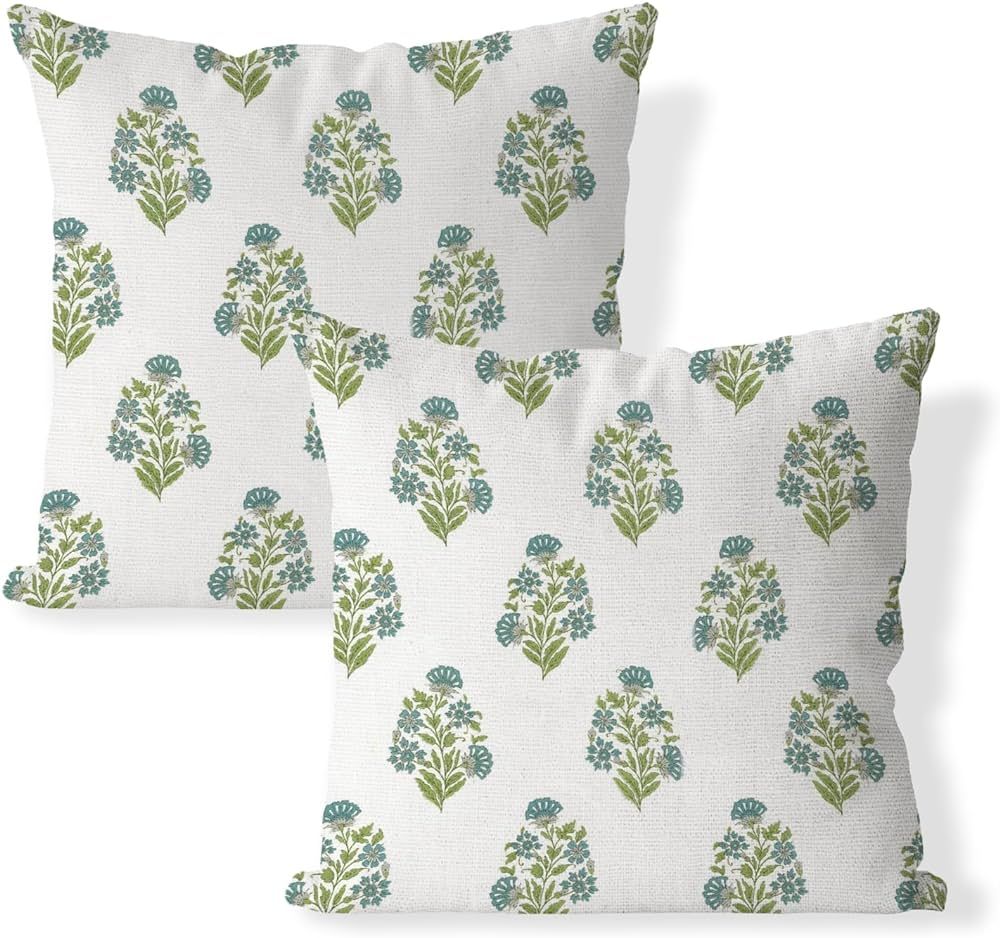 OliveDrab Teal Green Floral Pillow Covers 18x18 Set of 2 Spring Flower Leaves Print Decorative Th... | Amazon (US)
