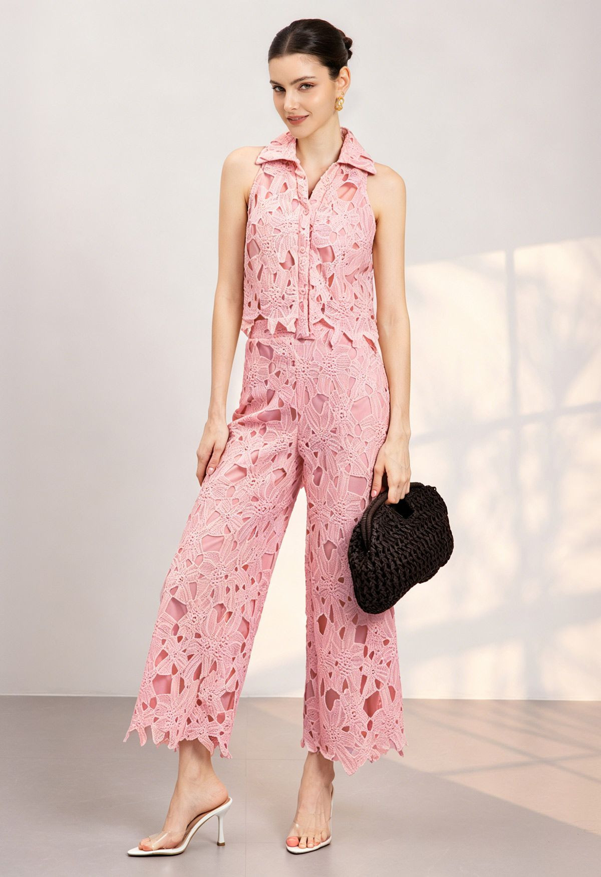 Guipure Lace Collar Crop Top and Pants Set in Pink for Tropical Vacations & Beach Getaways | Chicwish
