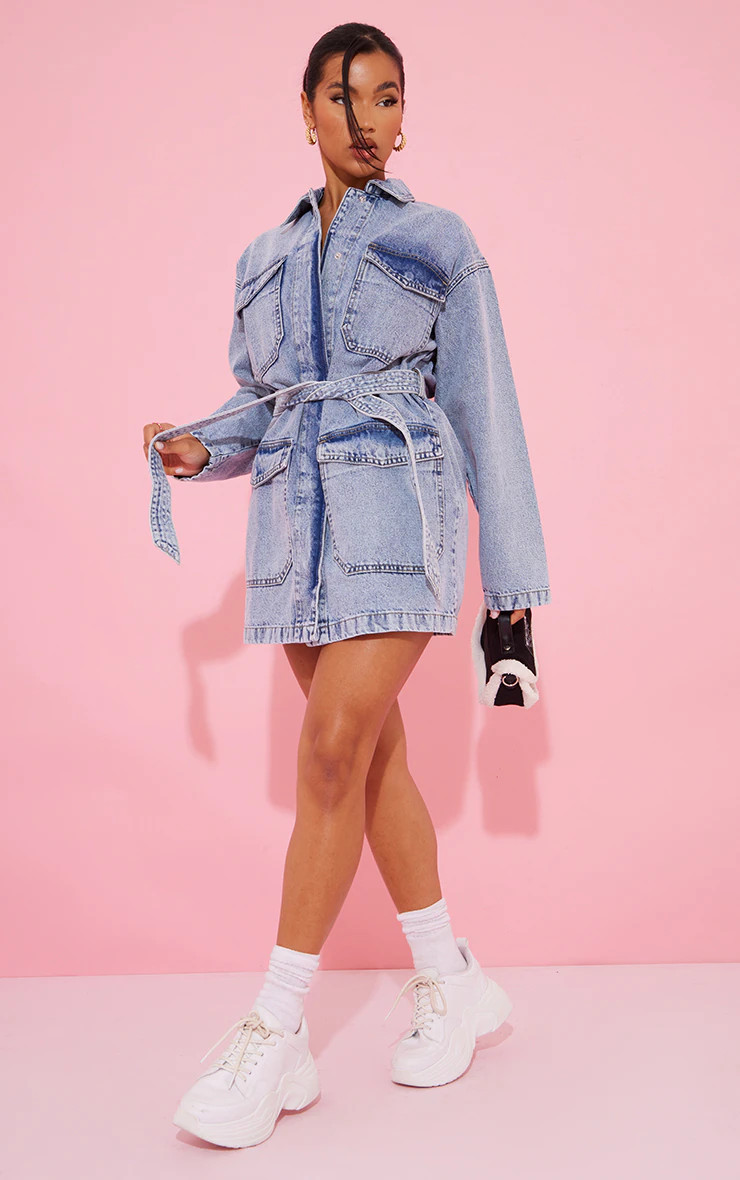 Vintage Wash Cargo Pocket Tie Waist Denim Dress | PrettyLittleThing US