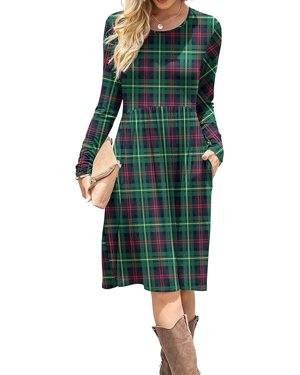 DB MOON Women Casual Long Sleeve Dresses Empire Waist Knee Length Loose Dress with Pockets | Amazon (US)