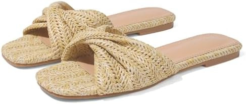 Raffia Flat Sandals for Women Straw Woven Braided Twist Slip On Slides - Summer, Open Toe, Beach,... | Amazon (US)