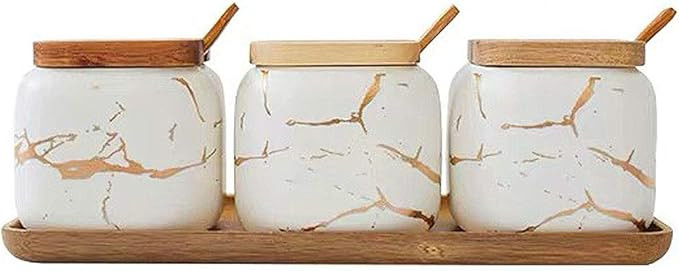 Vencer 12OZ Set of 3 White Marble Sugar Bowl with Lid and Sugar Serving Spoon,Wooden Tray,Sugar H... | Amazon (US)