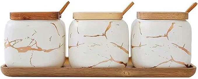 Vencer 12OZ Set of 3 White Marble Sugar Bowl with Lid and Sugar Serving Spoon,Wooden Tray,Sugar H... | Amazon (US)