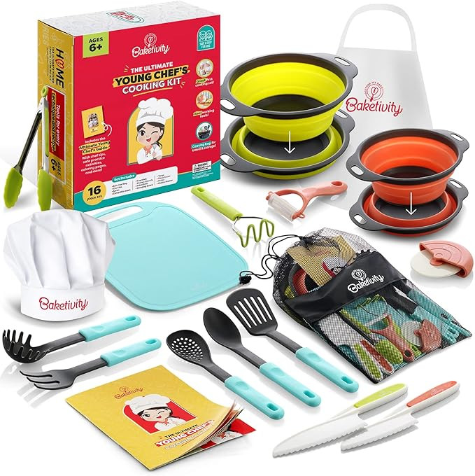 Baketivity Kids Cooking Set Real Utensils With Kitchen Tool Guide - Complete Junior Cooking Set G... | Amazon (US)