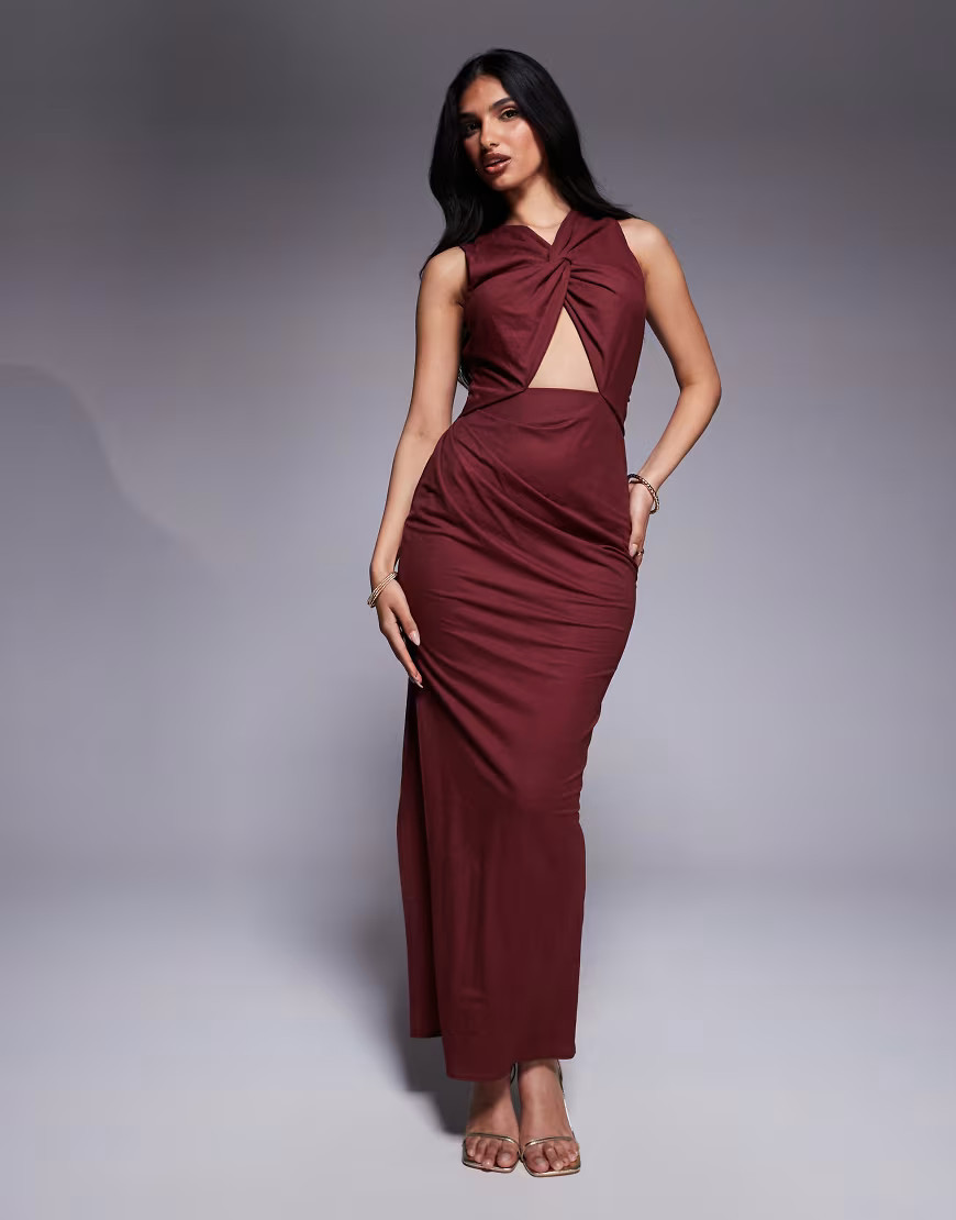 ASOS DESIGN stretch linen twist detail midi dress with gold trim back in wine-Neutral | ASOS (Global)