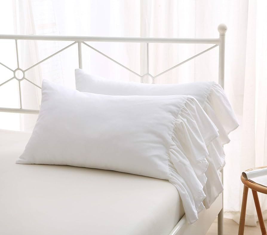 2-Pack Bright White Pillow Cases Shams Covers with Long Ruffles Shabby Chic Egypt Cotton Queen Si... | Amazon (US)