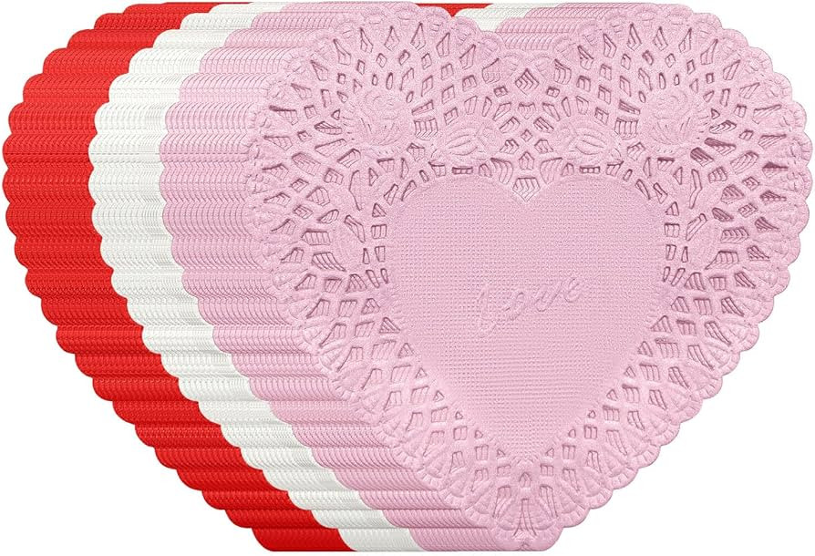 FUGUIR 180 Pcs 4 Inch Mini Valentine Heart Doilies Heart Shaped Paper Lace Doilies with 3 Colors ... | Amazon (US)