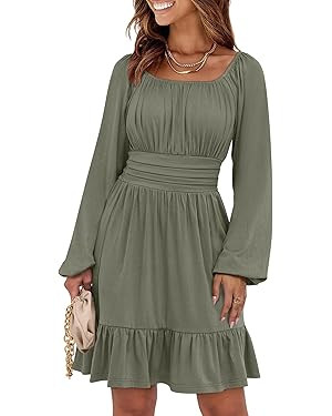 ANRABESS Womens Dress Long Lantern Sleeve Square Neck Elastic Waist Ruffle Flowy Swing A-Line Sho... | Amazon (US)