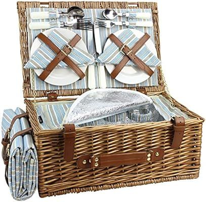 Wicker Picnic Basket Set for 4 Persons | Large Willow Hamper with Large Insulated Cooler Compartm... | Amazon (US)