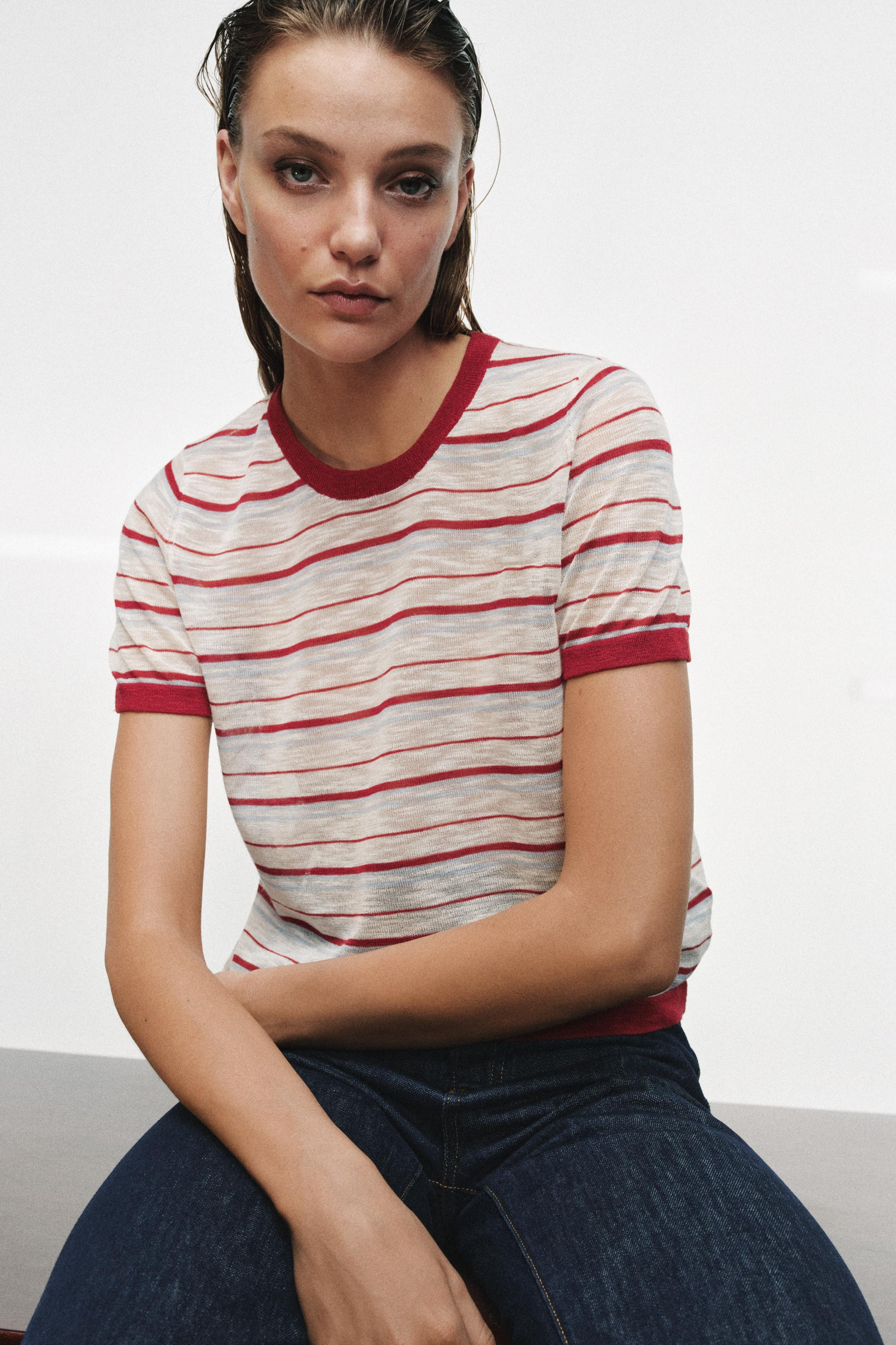 STRIPED KNIT SHORT SLEEVE TOP | Zara US