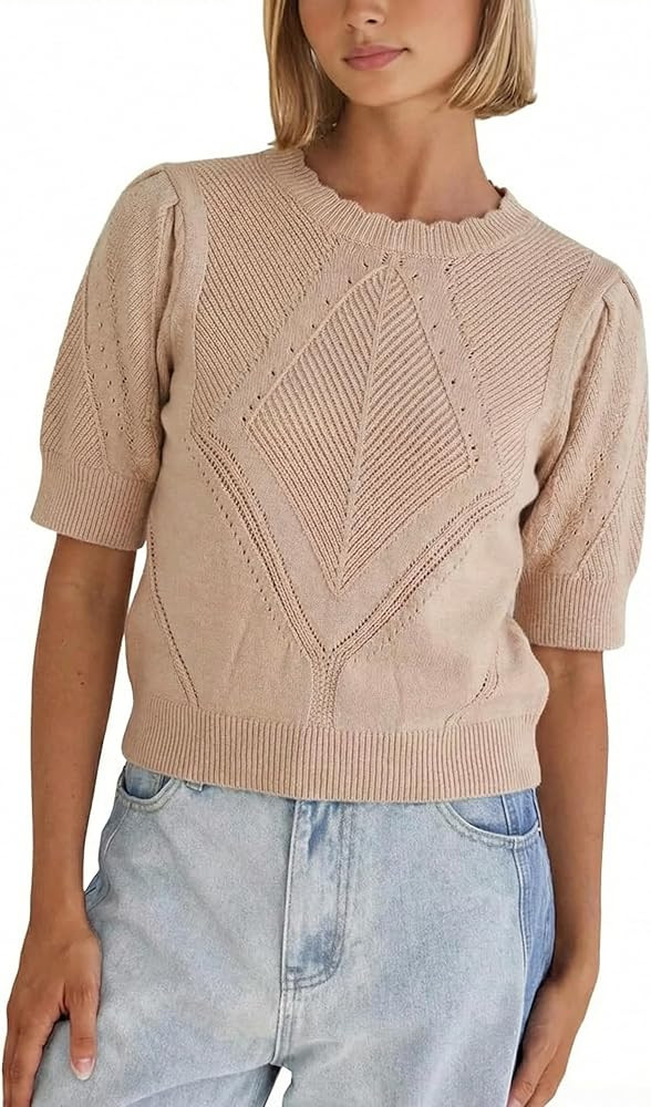 Women's Short Sleeve Knit Sweater Puff Sleeve Crew Neck Cropped Lightweight Knit Pullover Top Tee | Amazon (US)