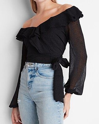 Black Dot Off The Shoulder Ruffle Wrap Top | Express