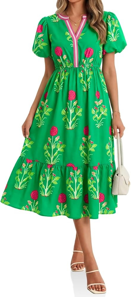 Cicy Bell Womens Summer Floral Print Maxi Dress A Line Puff Short Sleeve V Neck Boho Dresses Flow... | Amazon (US)