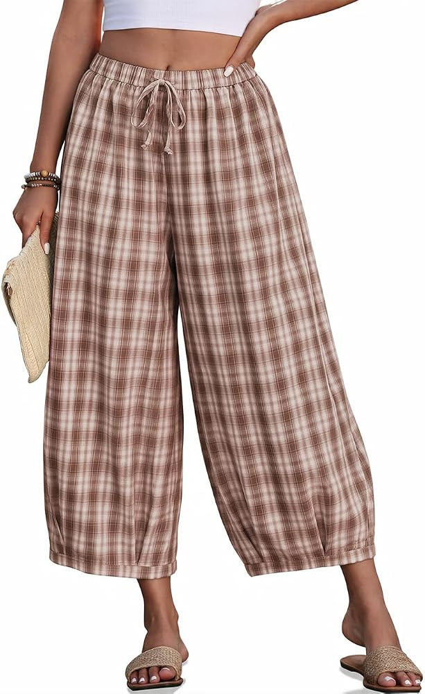 TARSE Women's Plaid Cotton Linen Wide Leg Pants with Pockets | Amazon (US)